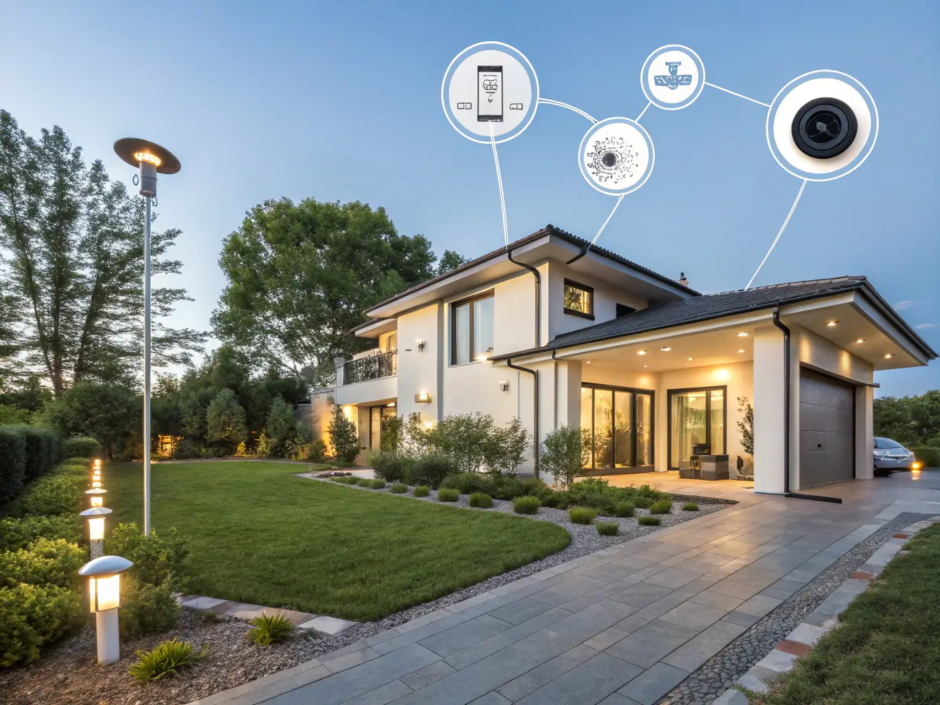 An energy-efficient home with smart thermostats and LED lighting, demonstrating the benefits of energy efficiency solutions.