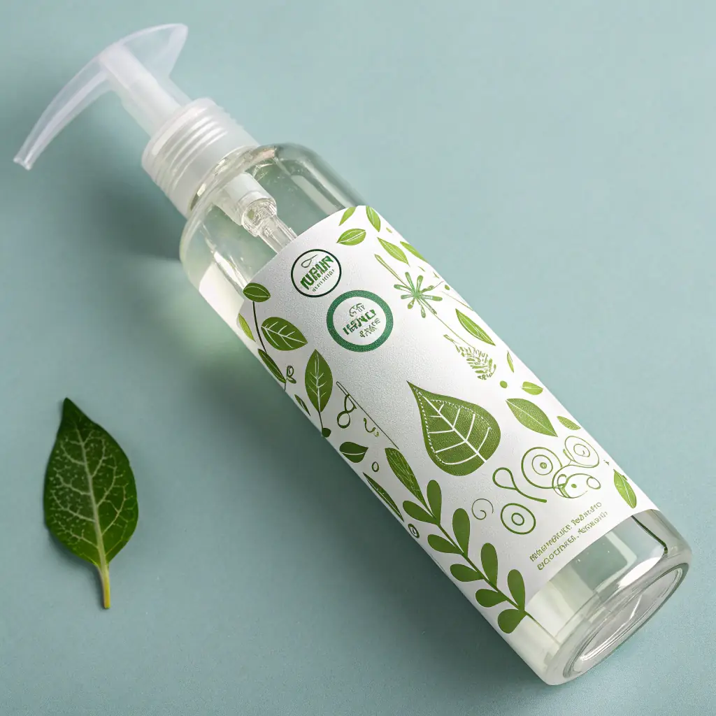 Close-up shot of hands using an eco-friendly cleaning bottle with a natural, safe trigger mechanism, surrounded by lush green plants, symbolizing a clean and healthy home environment.