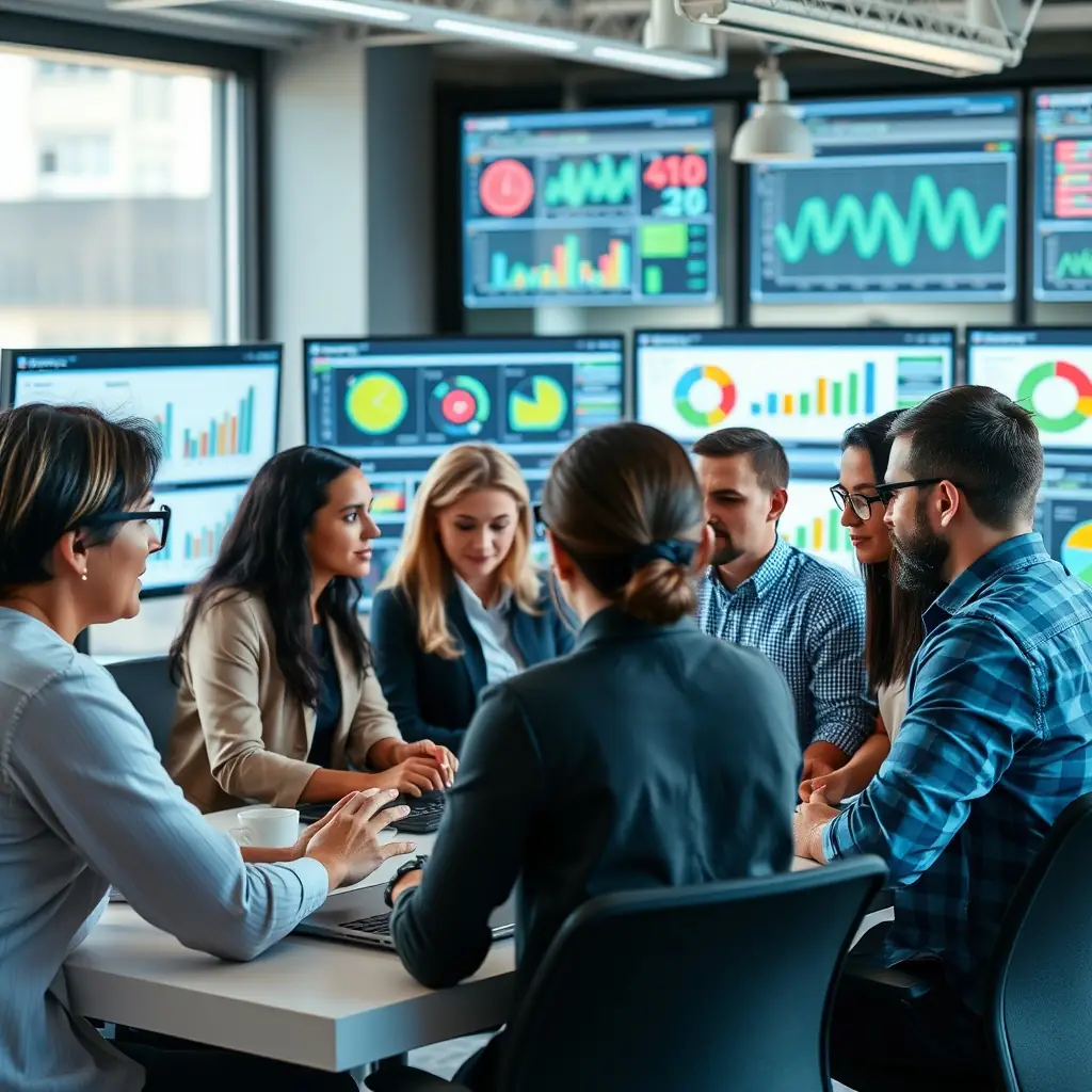 A diverse team of data scientists and financial analysts collaborating in a modern, glass-walled office, analyzing real-time economic data on large monitors, with charts and graphs illustrating SME financial performance and market trends.