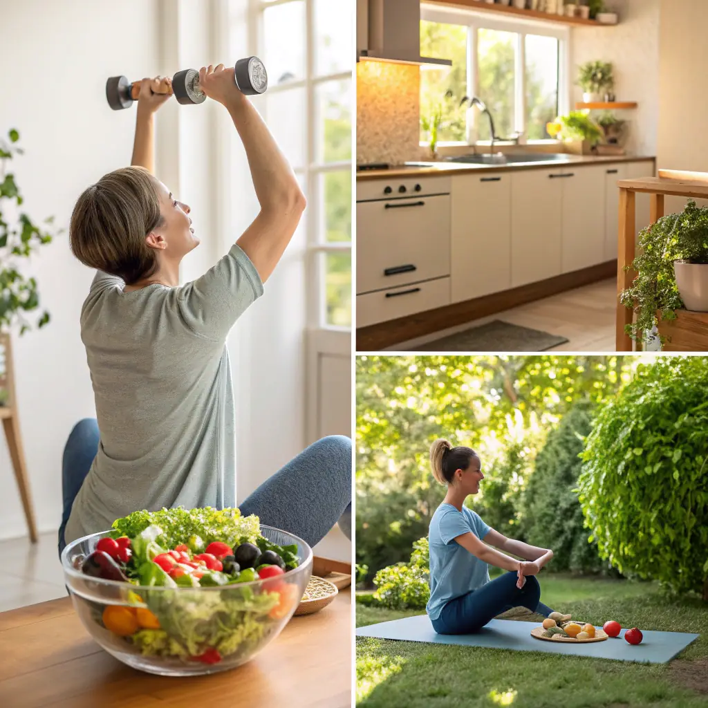 A collage of lifestyle detail images showcasing healthy meals, a person walking outdoors in a park, someone resting peacefully, and a person practicing a calm morning routine like meditation or yoga. The images should convey a sense of peace, balance, and well-being.