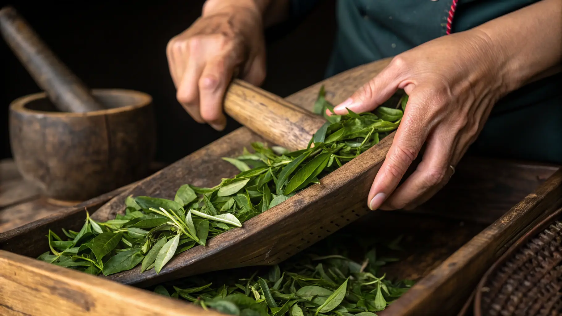 Close-up shot of vibrant, high-quality tea leaves being carefully sorted, with a focus on their rich color and texture, symbolizing PureLeaf's dedication to quality and natural ingredients.