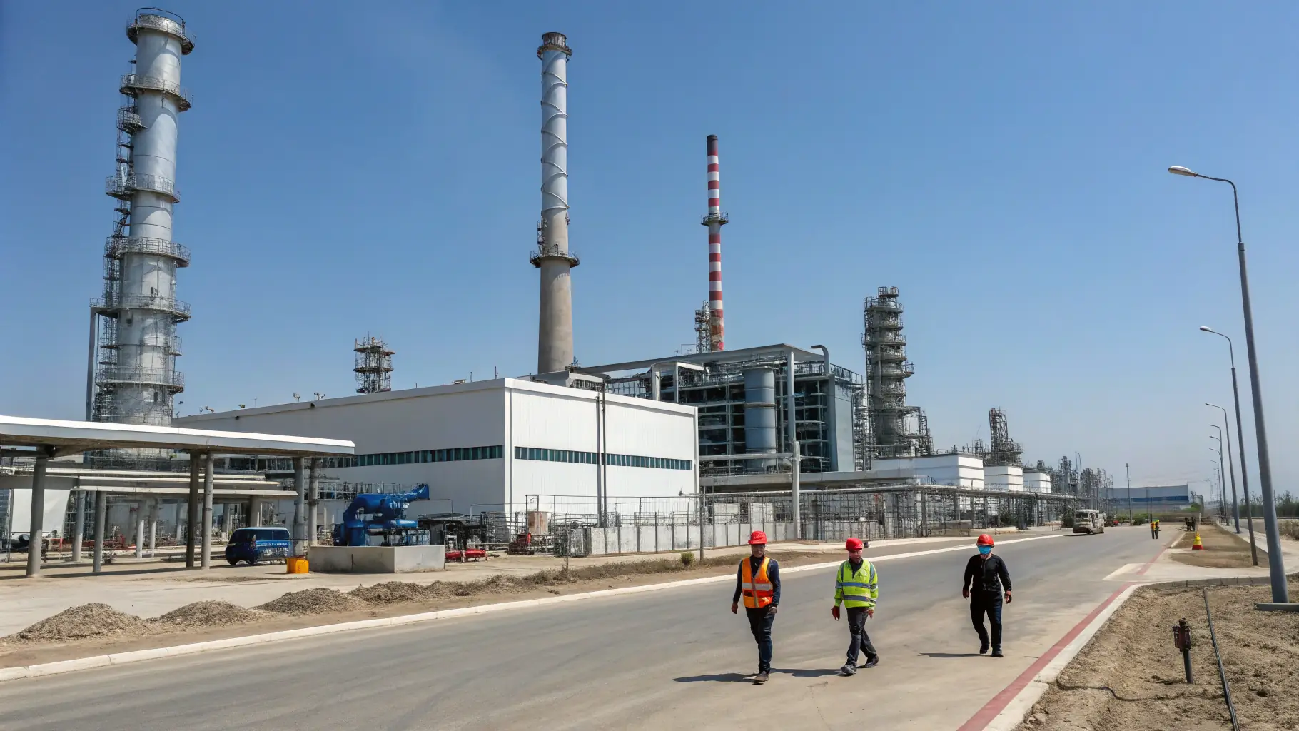 A modern oil refinery in Shymkent with advanced processing units and safety measures, representing innovation and sustainability in energy production.