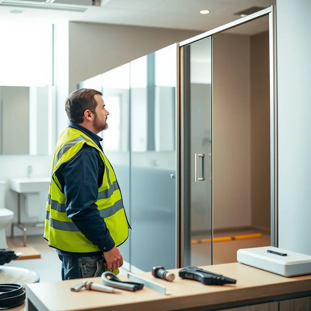 A professional installer fitting a modern bathroom partition in a commercial building.