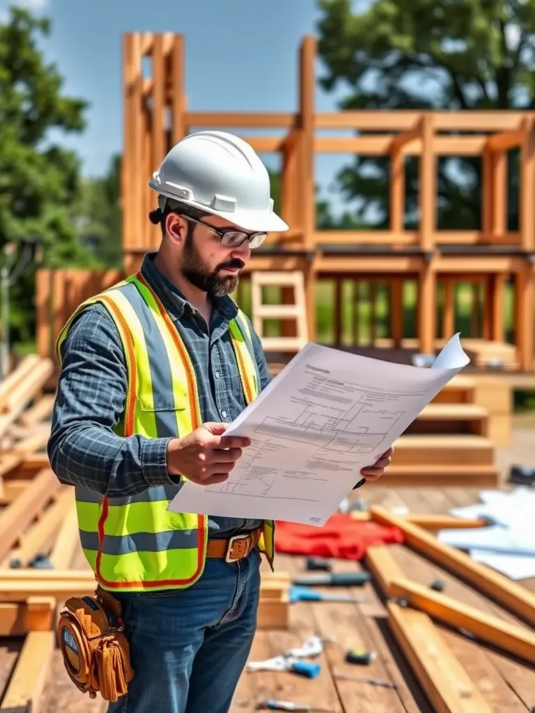 A construction worker reviewing blueprints on a deck construction site in Houston, emphasizing adherence to local building codes and regulations.