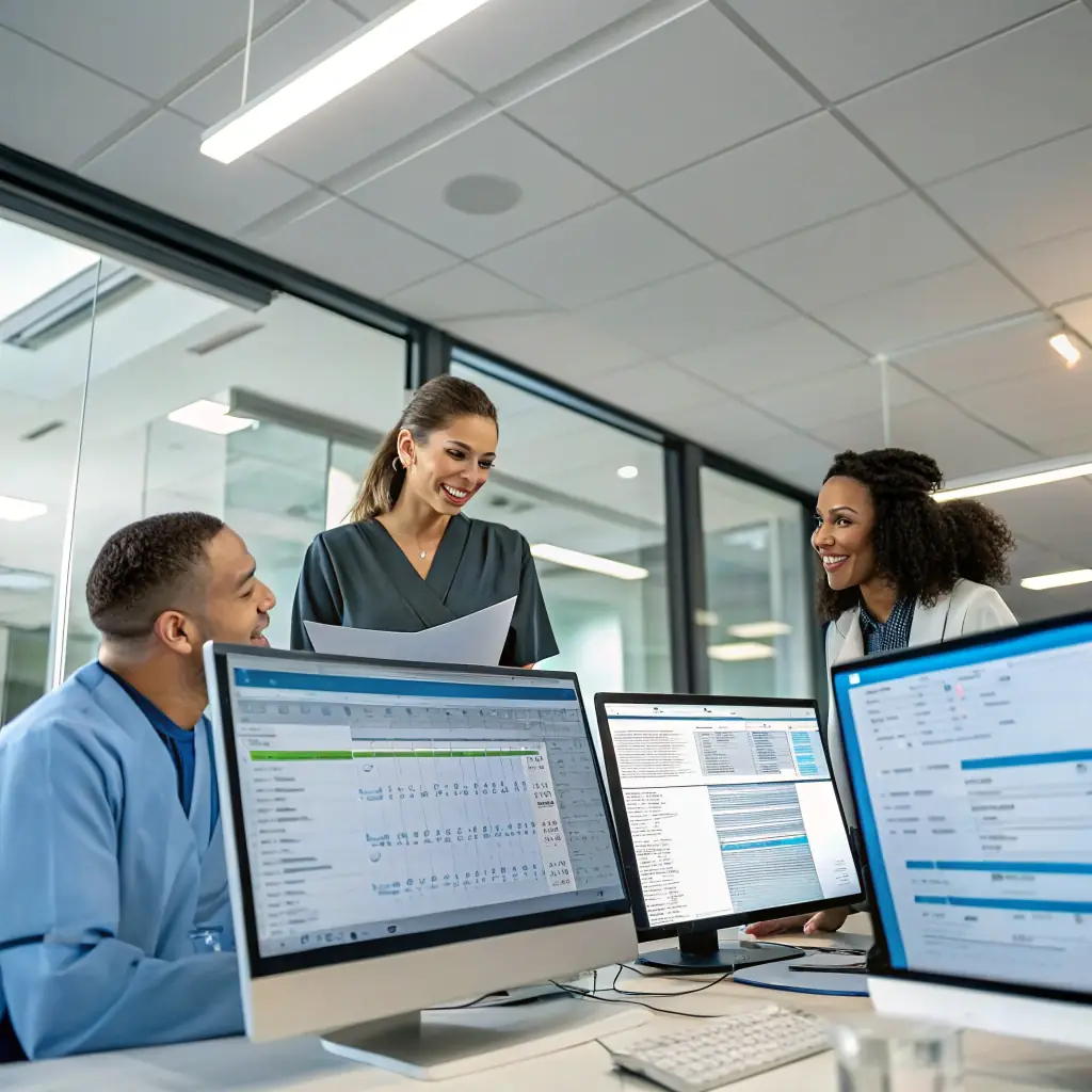 An image depicting a diverse team of medical billing specialists collaborating remotely, using modern technology to process telehealth claims efficiently. The image should convey professionalism, accuracy, and the innovative approach of New Era MBS.