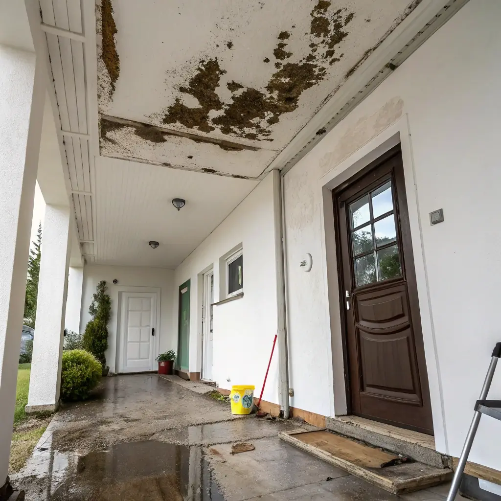A commercial building interior with visible water damage being assessed by a Riverside Restoration technician in safety gear, using moisture detection equipment. The scene should convey professionalism and urgency.