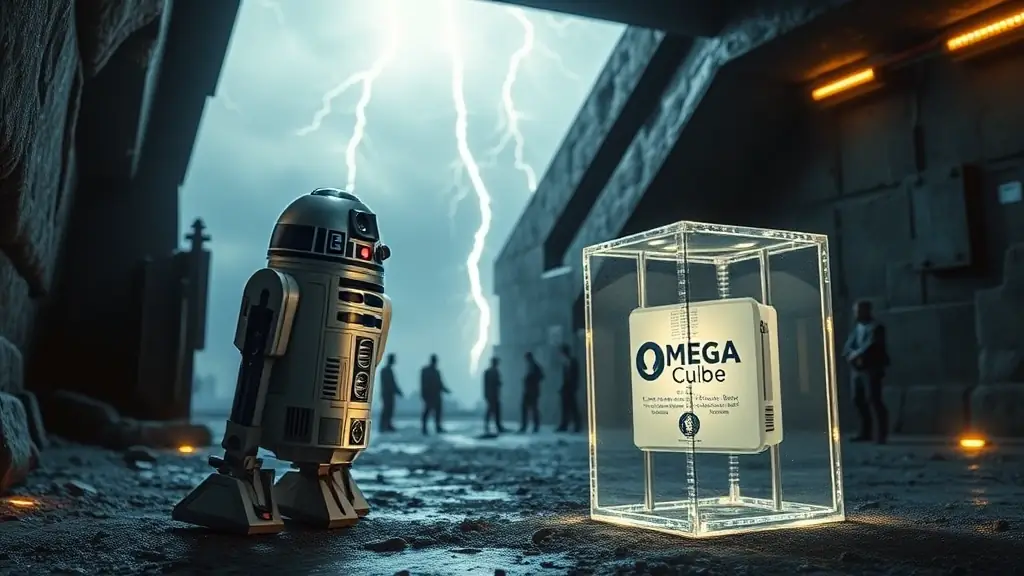 A dynamic scene inside AT&T Stadium, featuring a massive screen displaying a Facebook Ad for OmegaQube. The ad includes R2-D2 and a stylized OmegaCube logo. Prominent figures like Mark Zuckerberg and Kid Rock are in attendance, alongside Dallas Cowboys player Ezekiel Elliott. The scene incorporates elements of social media ads, Google, X, YouTube, AI team robots, and Cowboys, creating a futuristic and engaging atmosphere.