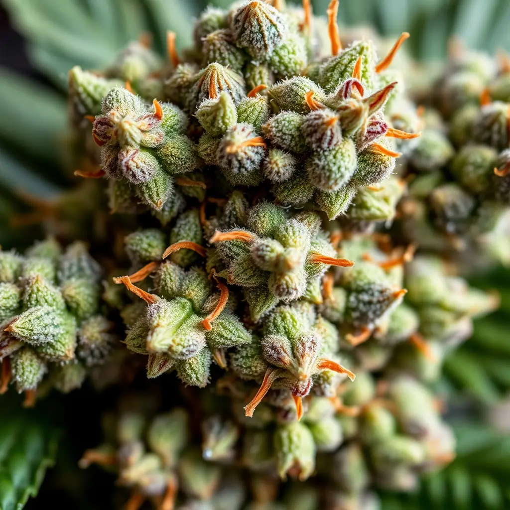 Close-up of Lychee Lava Flower DC cannabis strain, showcasing its vibrant colors and trichome coverage.