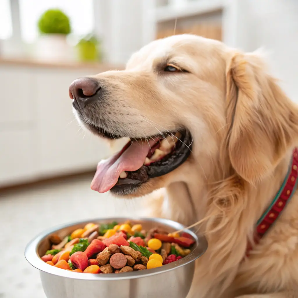 A happy and healthy dog eating from a bowl, with a caring owner in the background, in a bright and cheerful setting. The image should convey a sense of trust and expertise.