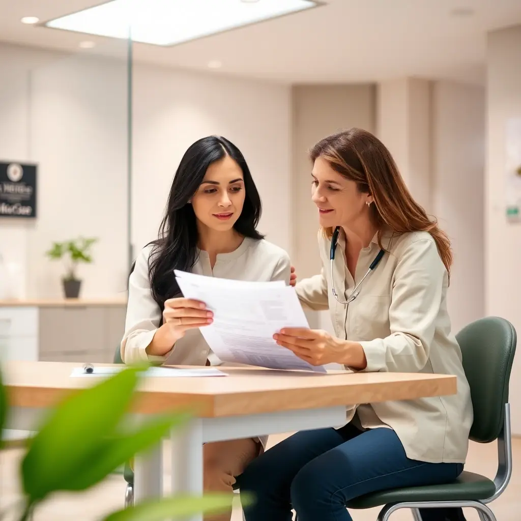 A supportive consultant guiding a couple through documents related to their IVF process in a modern clinic setting in Tbilisi, Georgia. The image should convey trust, care, and professionalism.