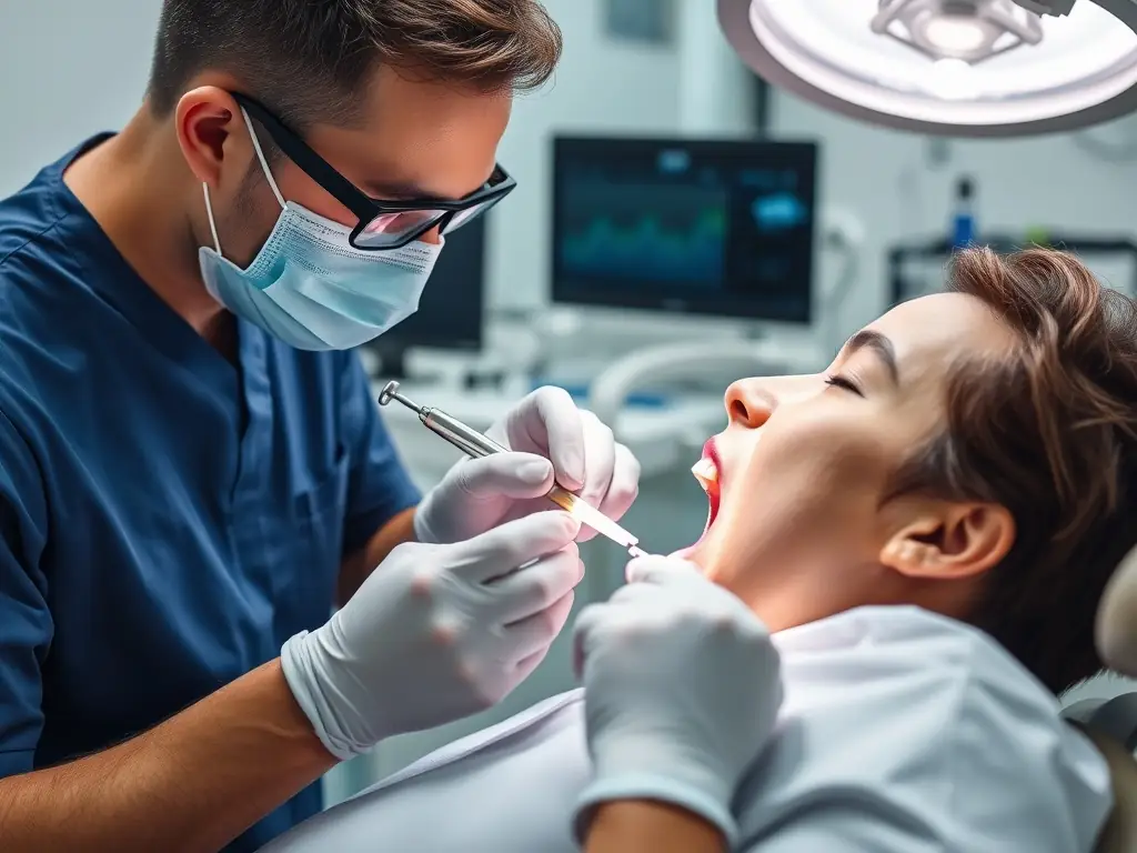 A dentist using professional tools to clean a patient's teeth, showcasing the removal of plaque and tartar.