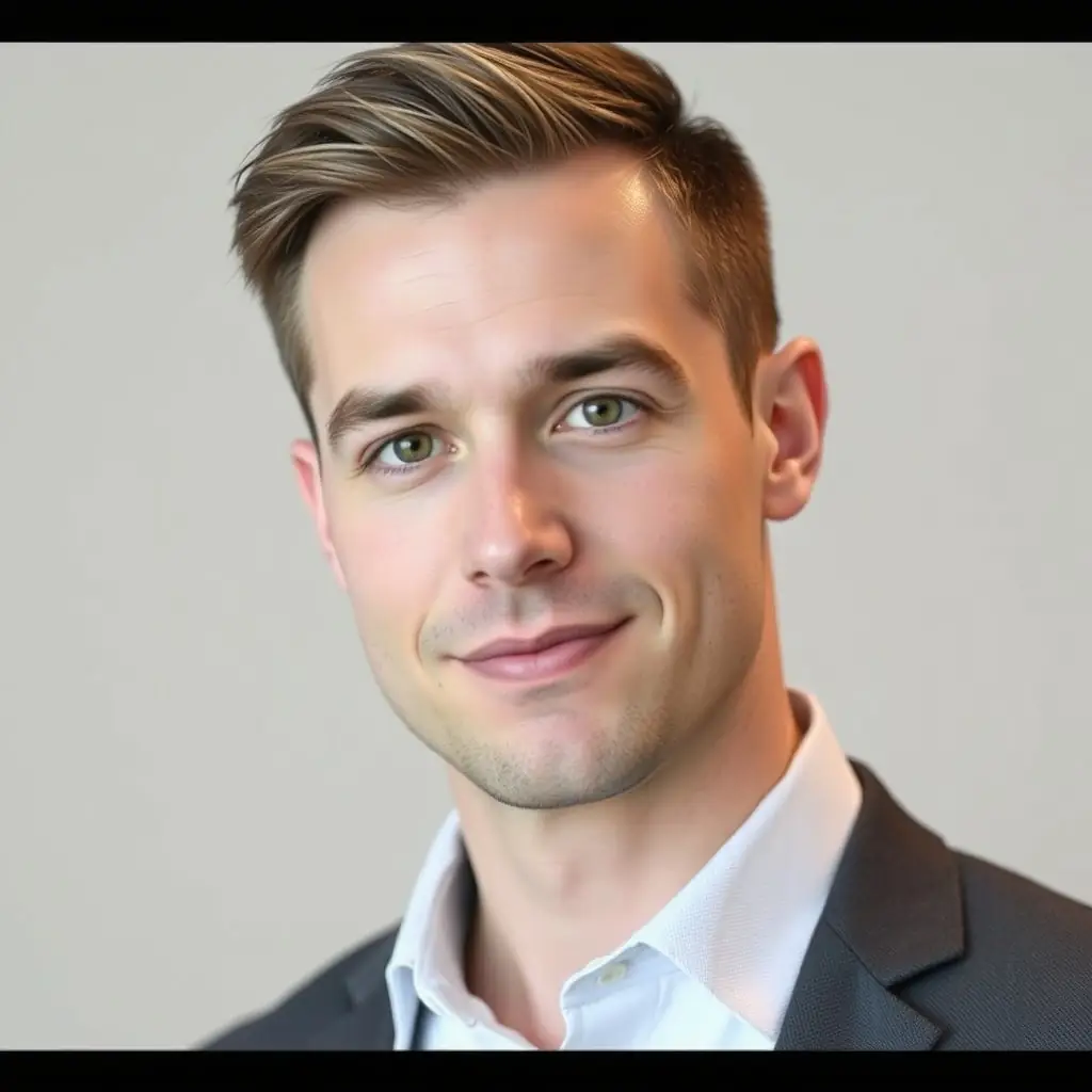 Noah has a clean-shaven face and a thoughtful expression, wearing a casual shirt.