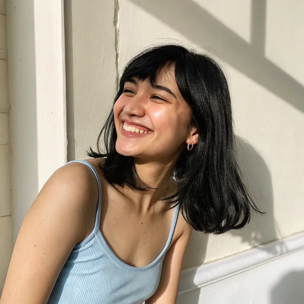 Ava has shoulder-length black hair and a serious expression, wearing a blouse.