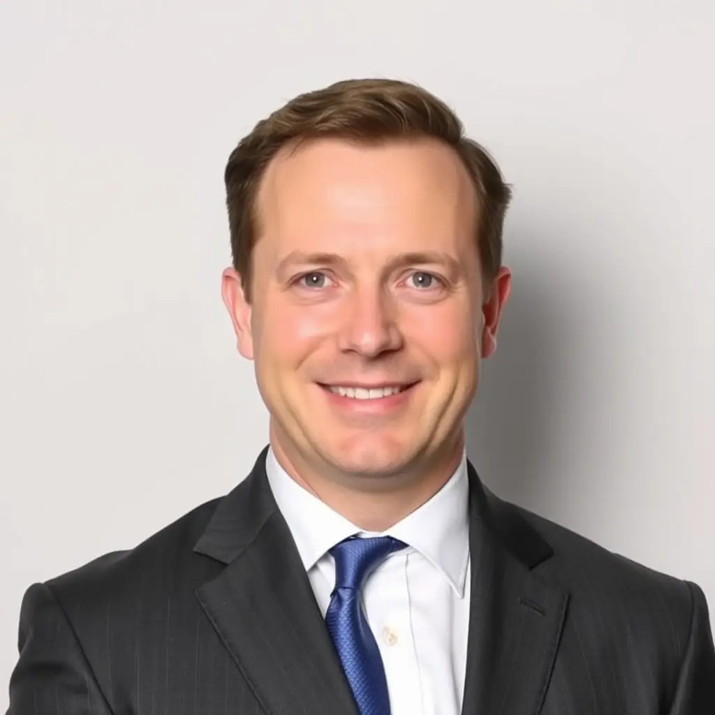 A professional headshot of the candidate, smiling confidently and wearing a business suit.