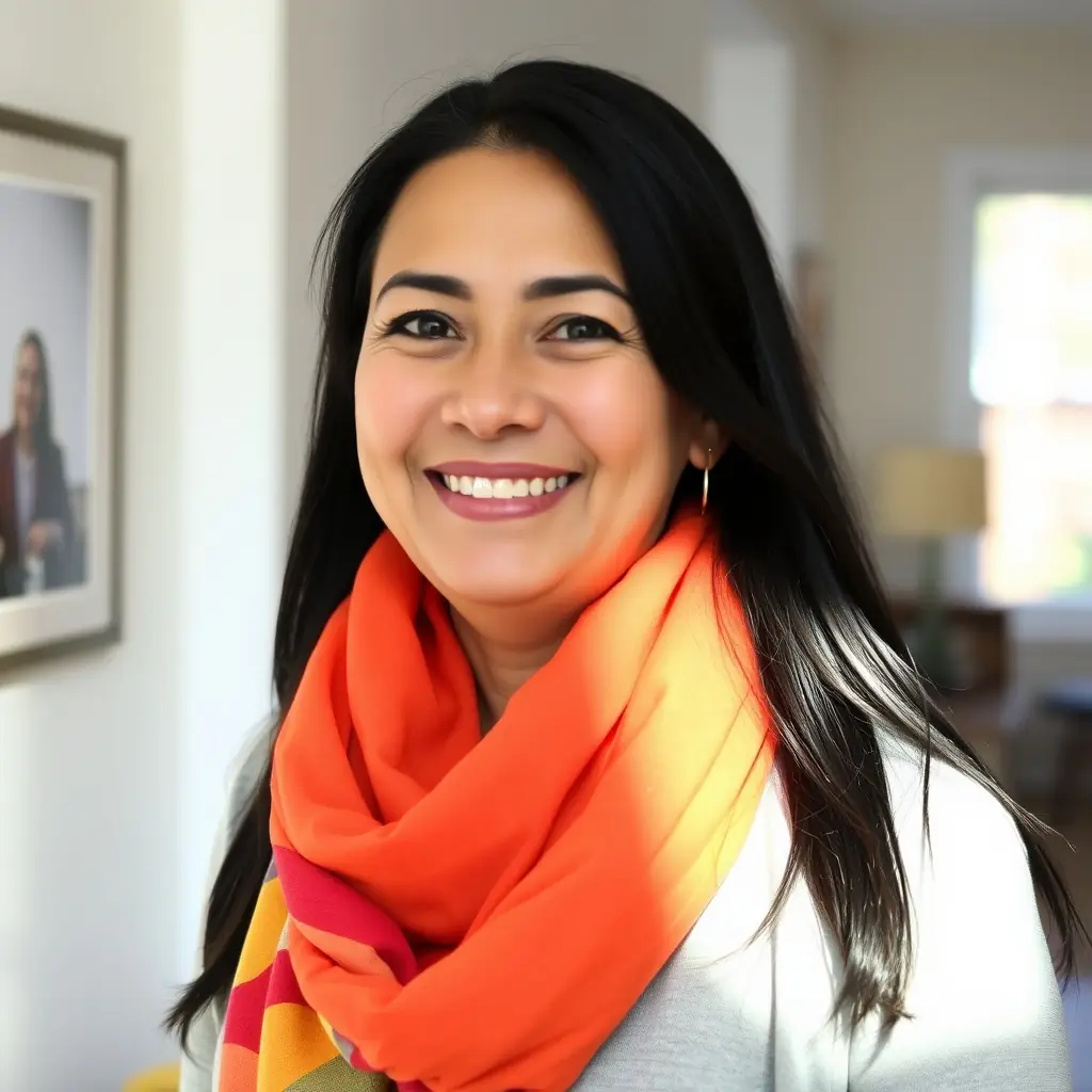 Sophia has long brown hair and a warm smile, wearing a stylish scarf.