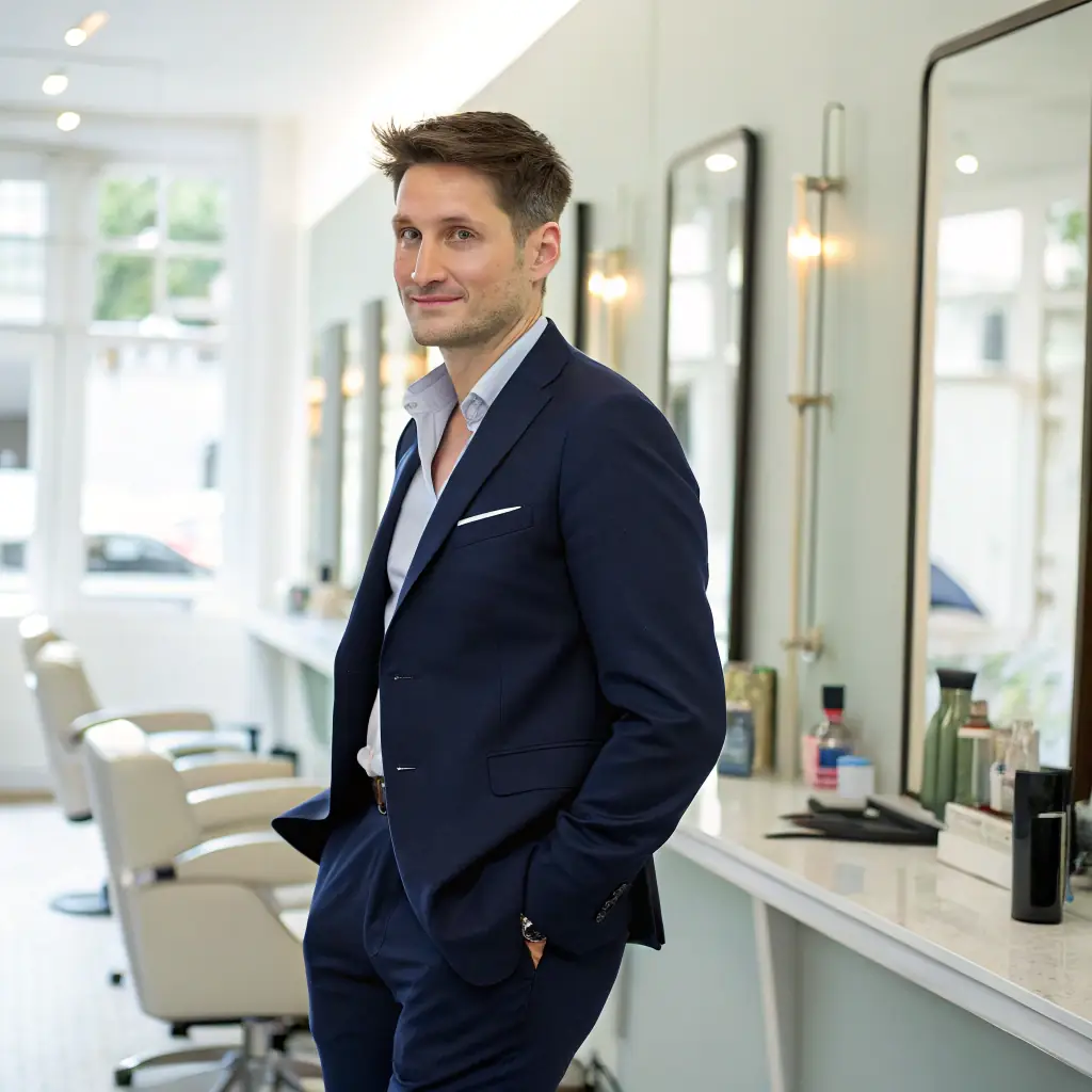 Ethan has short dark hair and a confident demeanor, wearing a suit.