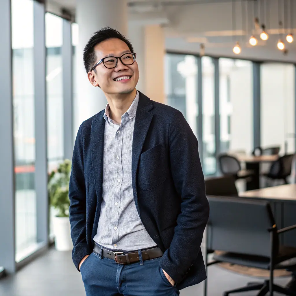 Daniel has a neatly trimmed beard and wears glasses, with a focused expression.