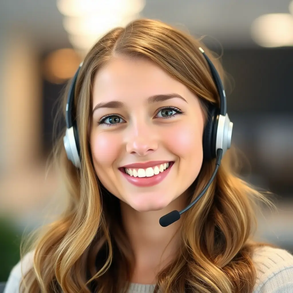 Olivia has red hair tied in a bun and a friendly smile, wearing a headset.