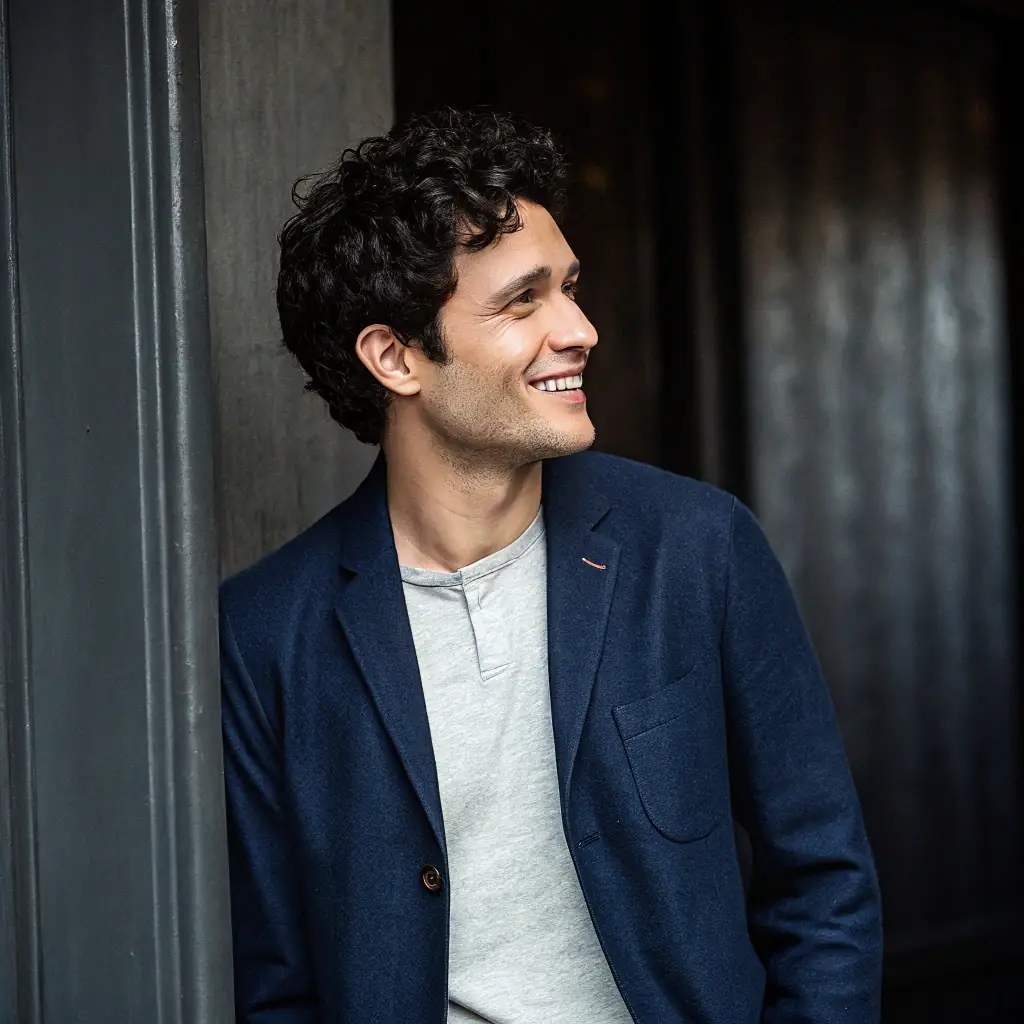 Liam has a buzz cut and a determined look, wearing a polo shirt.