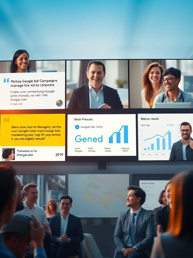A dynamic video showcasing successful Google Ads campaigns managed by Omegacube, featuring positive client testimonials and measurable results.