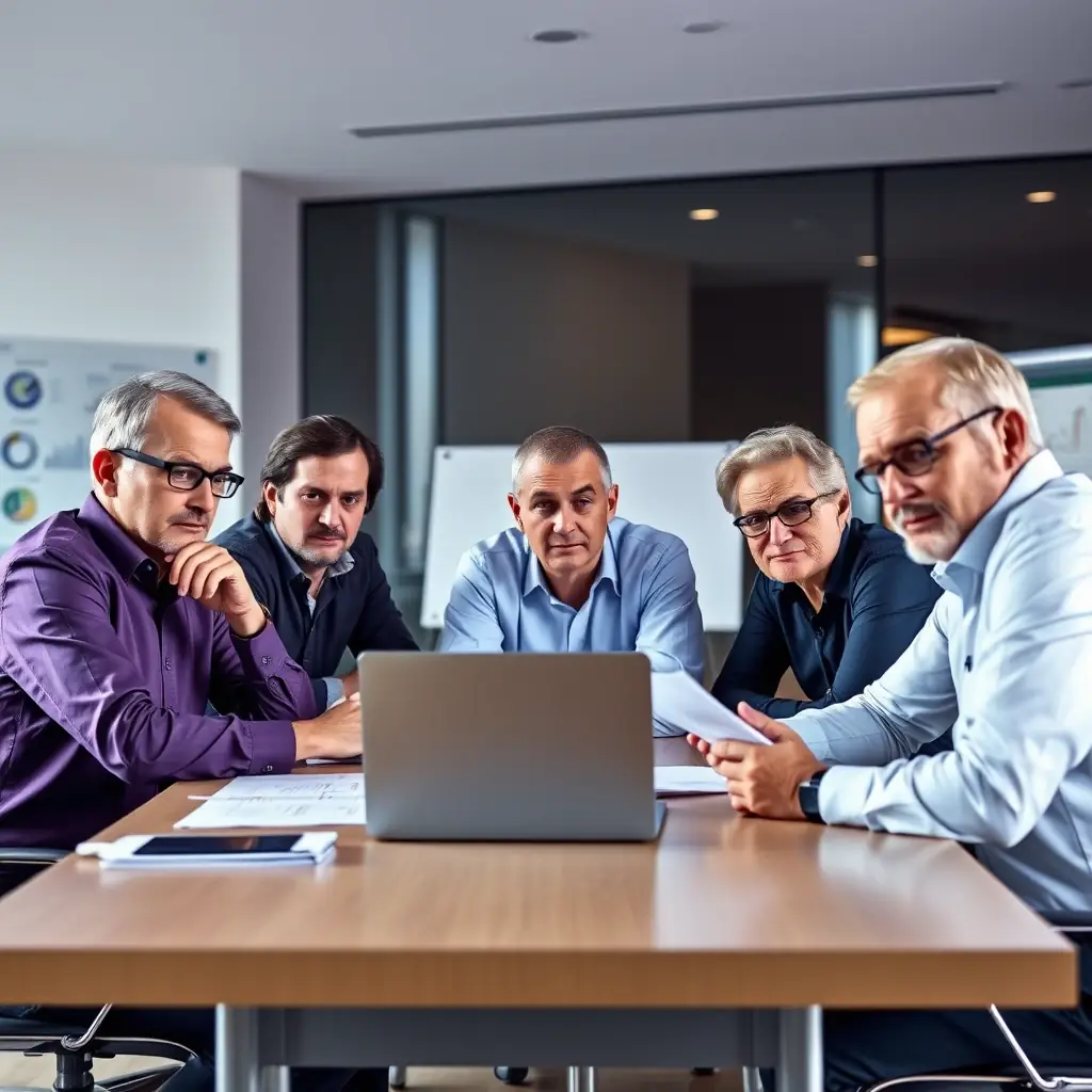 A group of tech executives collaborating around a large interactive display showing market analysis data, emphasizing the concept of shared intelligence and strategic decision-making within the TechGrowth Leaders community.