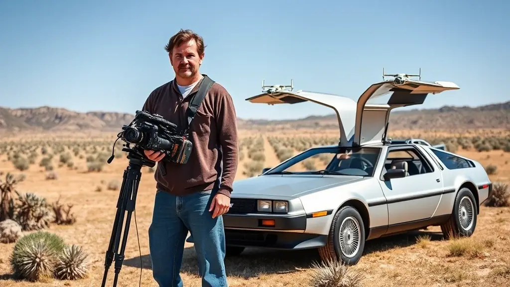 An image contrasting traditional, arduous photography/videography (perhaps a photographer with heavy equipment in a remote Texas landscape) with a humorous depiction of the "impossible dream" of using an X-Wing or DeLorean for speed and efficiency.