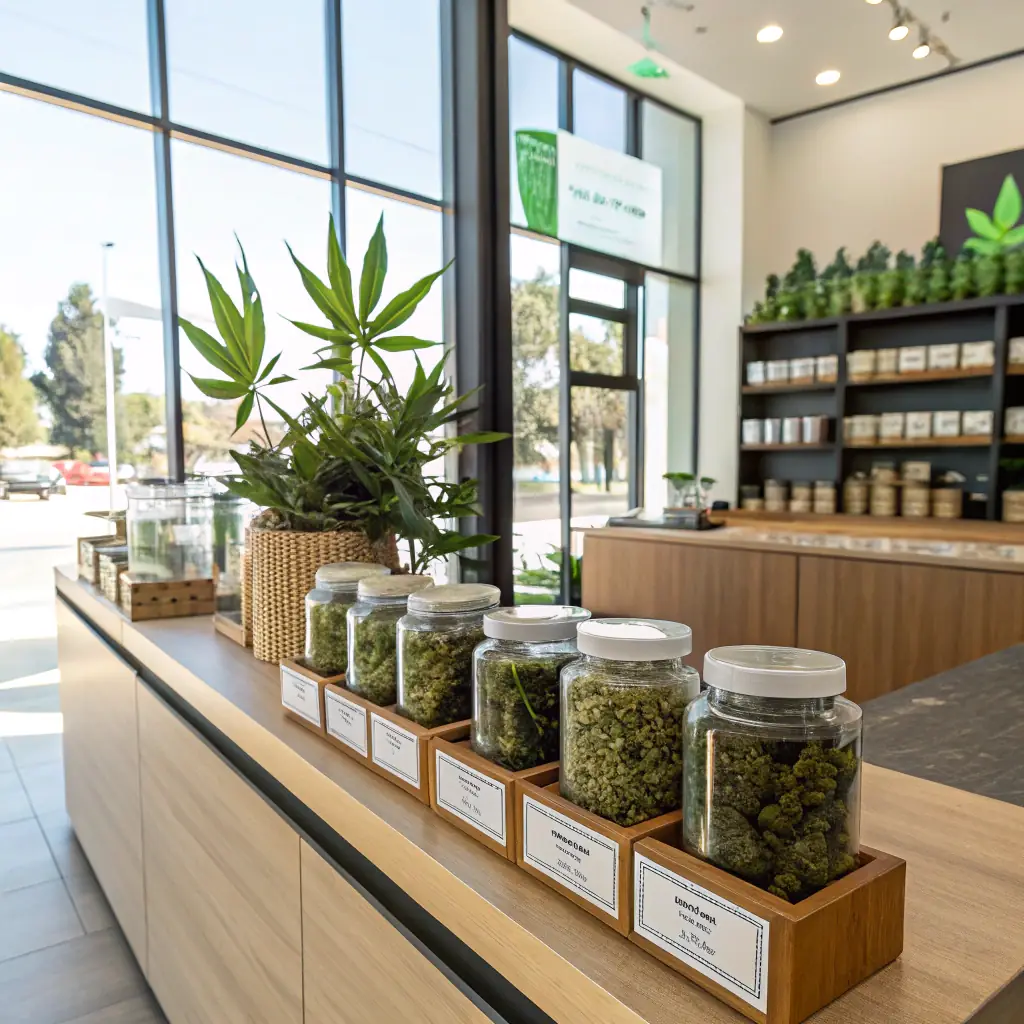 A close-up shot of various premium cannabis products, including flower, edibles, and vape cartridges, arranged artfully to showcase their quality and variety. The background is a softly blurred image of the MrGreenDc dispensary interior, conveying a sense of upscale professionalism and trustworthiness.