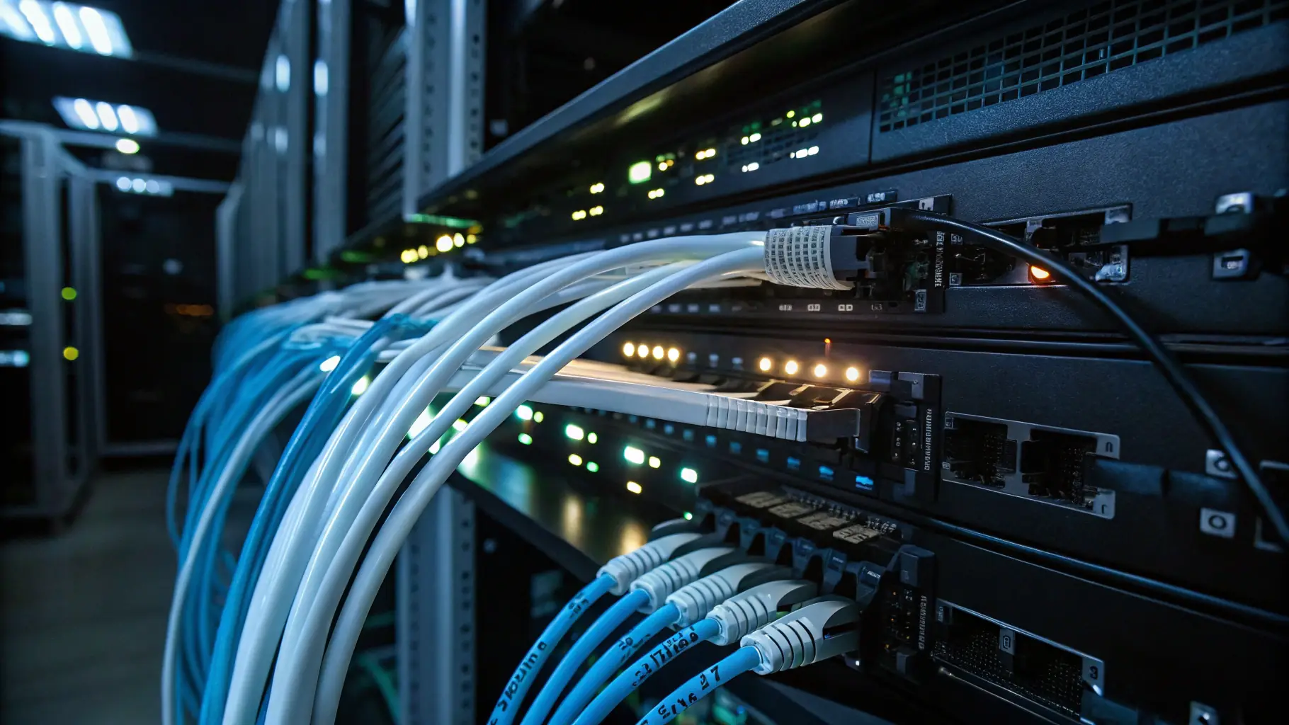 a high-resolution image of fiber optic cables and networking equipment, illustrating advanced telecommunications infrastructure, suitable for the portfolio section of a tech company's website