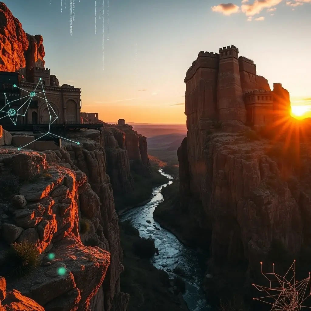 A scenic view of Knights Bluff in Texas, showcasing the historical significance of the location with a modern twist, integrating subtle digital elements to represent AI security. The image should evoke a sense of heritage and technological advancement, symbolizing the blend of Texas history and Omegacube's AI-powered web security solutions.