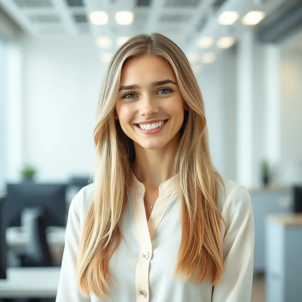 A professional headshot of a woman with long blonde hair, wearing a white blouse, offset to the right.