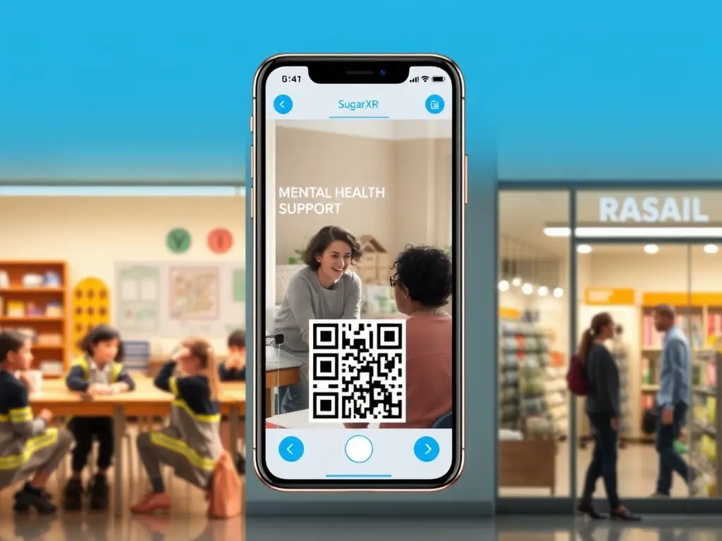 Three photographs depicting scenes from public safety training, a mental health support session, and a retail environment, connected by a visualization of the SugarXR InstantAR platform interface on a mobile device, emphasizing the seamless integration and app-free experience.