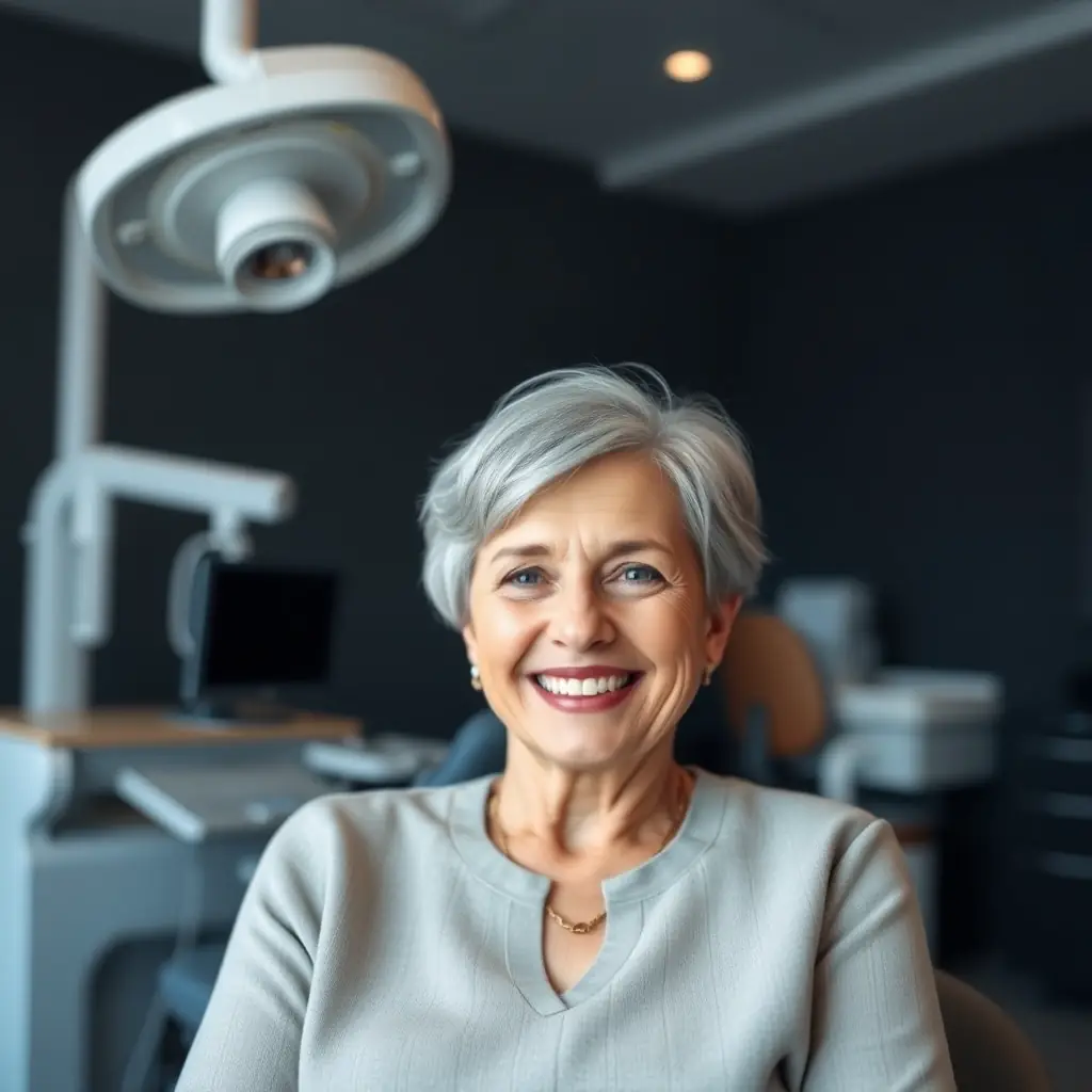 A smiling senior patient after receiving All-on-6 dental implants at Ferdows Medical Center, showcasing a natural and confident smile. The image should convey the life-changing impact of the procedure.