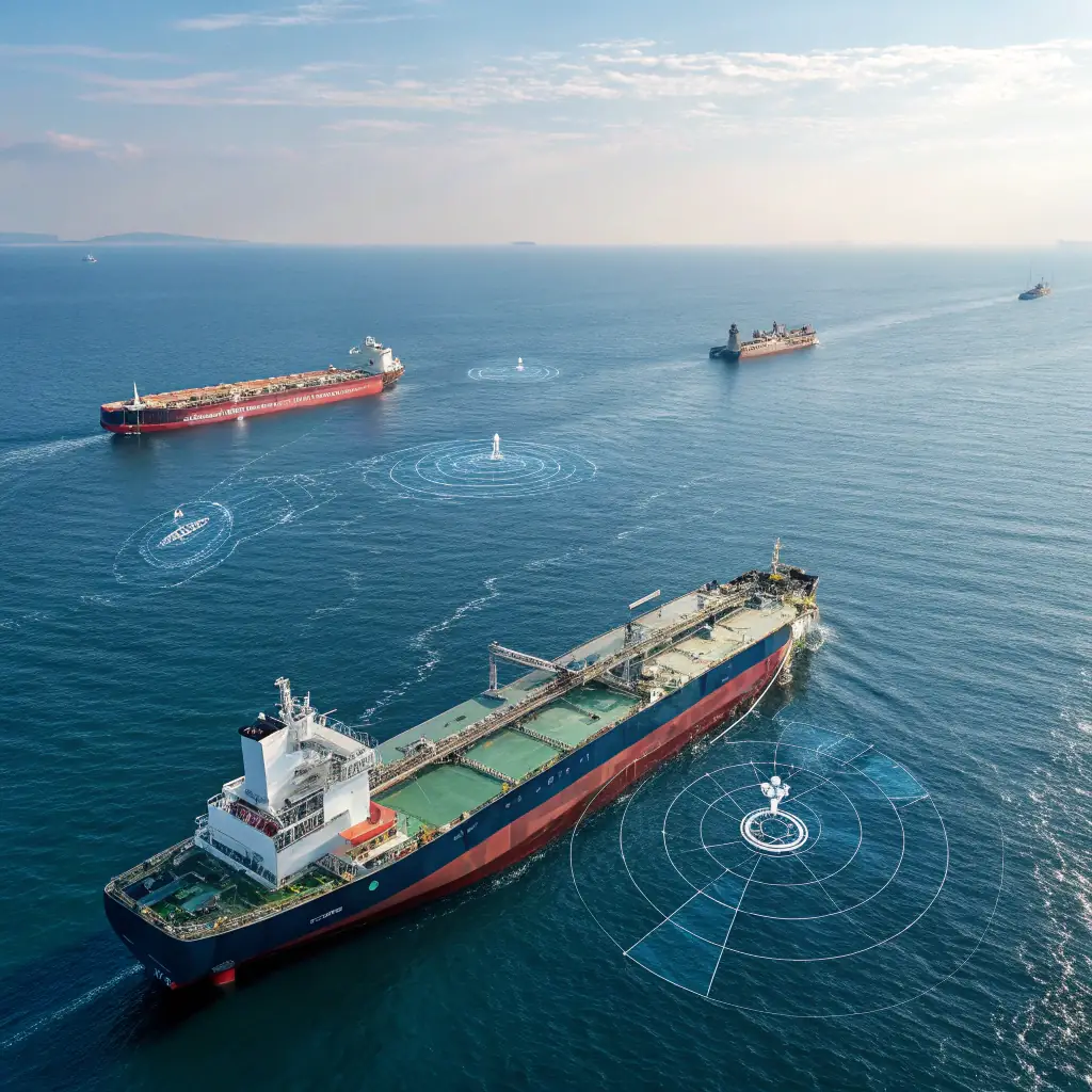 A modern oil tanker ship at sea, with the Qazaqstan Marine Fuels TOO logo subtly visible on the side. The scene should convey a sense of global reach and reliable delivery.