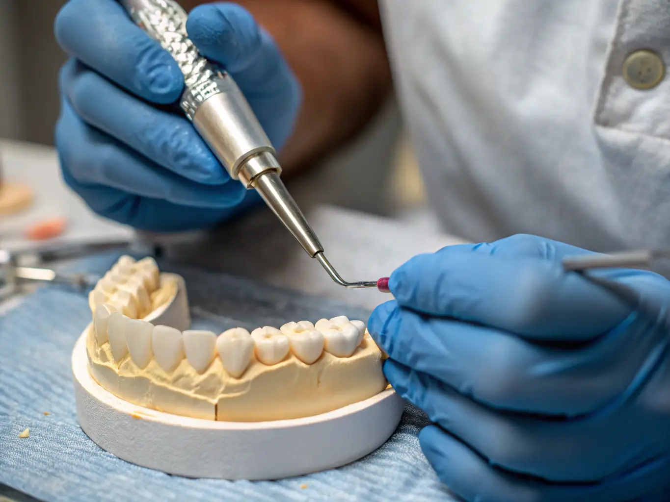 A close-up shot of a patient's teeth being fitted with thin, natural-looking dental veneers in a dental clinic setting. The dentist is carefully placing the veneer on the tooth, showcasing the precision and artistry involved in the procedure.