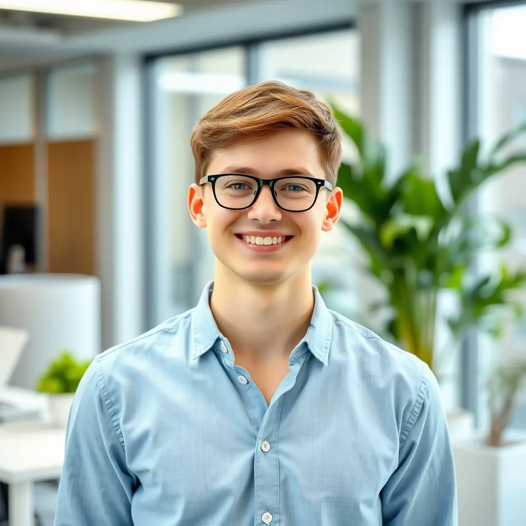 A young man with short brown hair, wearing a professional blue shirt, smiling confidently.