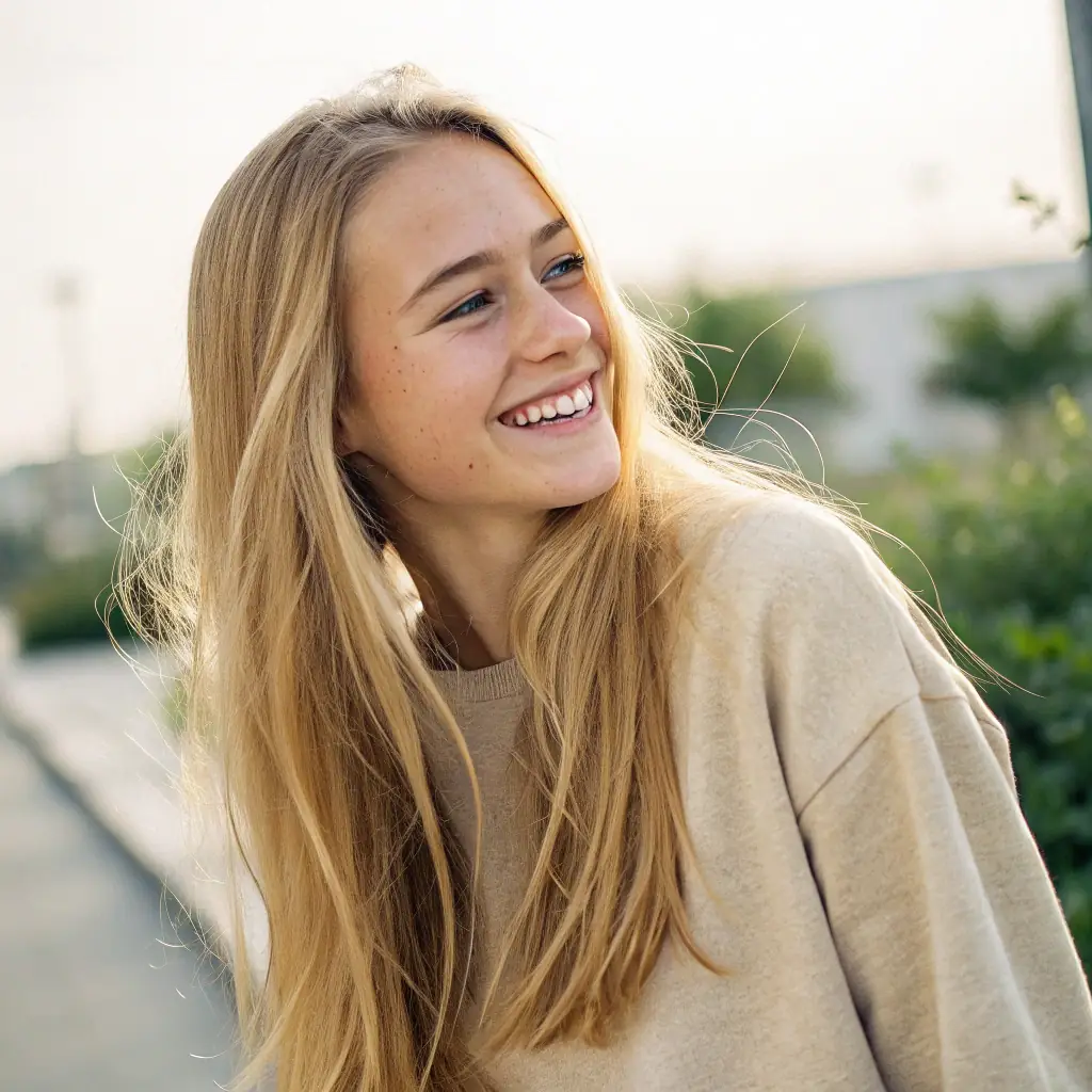 A woman with blonde hair, wearing a casual sweater, smiling brightly.