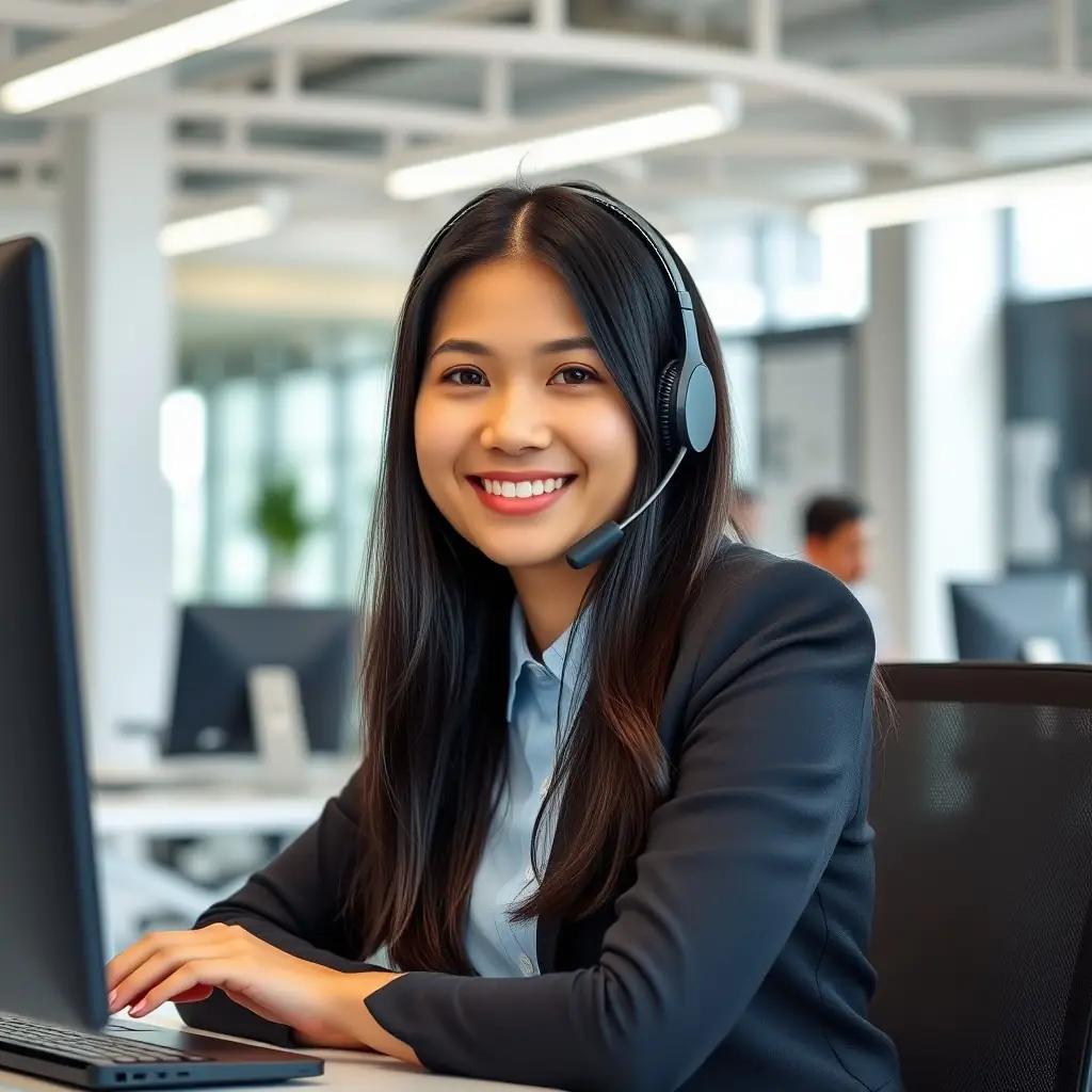 A woman with long black hair, wearing glasses and a headset, smiling warmly.