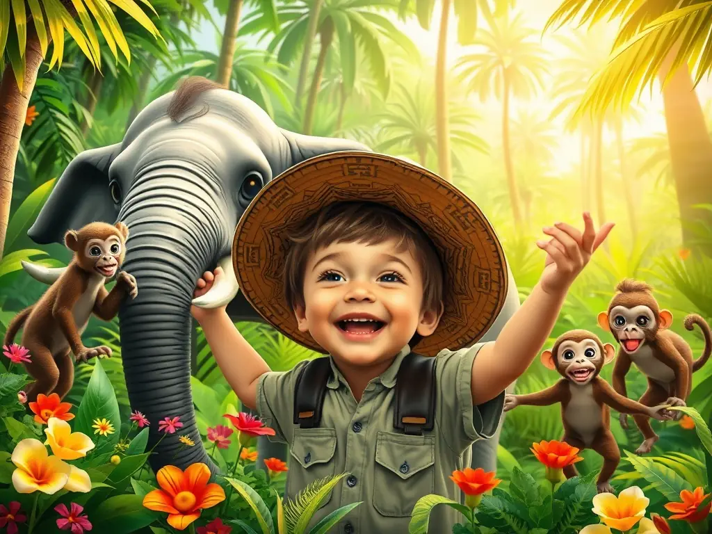 Una ilustración de un niño con un sombrero de explorador, rodeado de dinosaurios amistosos en un paisaje prehistórico.