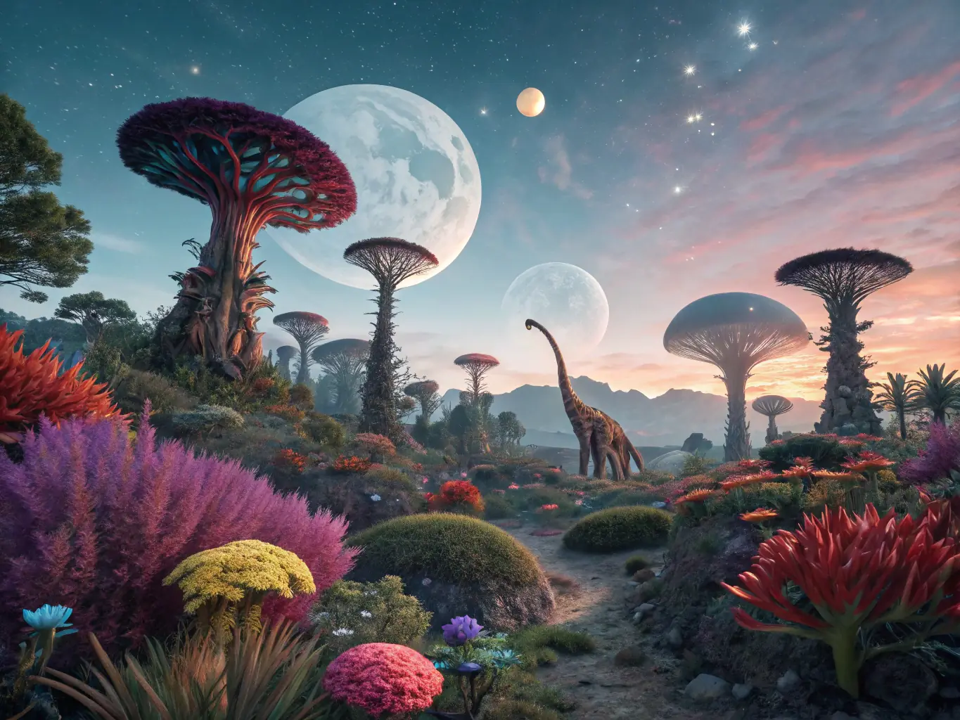 Una ilustración de un niño en un planeta alienígena con un libro en mano, en un estilo colorido y fantástico.