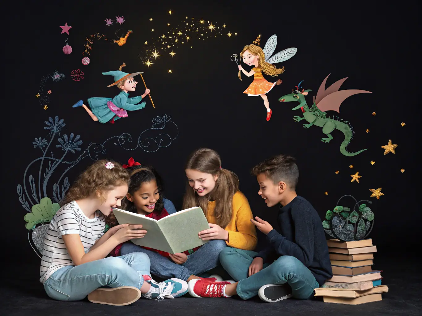 Una ilustración colorida y mágica que representa a niños disfrutando de un libro personalizado en un entorno imaginativo.