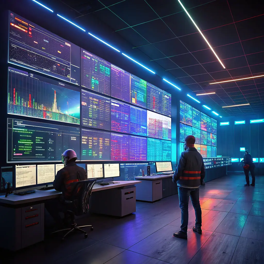 A futuristic control room with holographic data dashboards glowing in neon blue and green tones, symbolizing digital analysis and automation for VeriBotz.