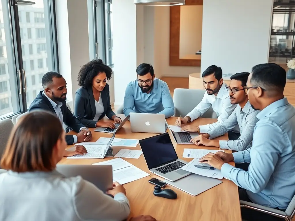 A diverse team of professionals collaborating in a modern office setting, reviewing documents and discussing quality assurance processes, with a focus on achieving certification standards.