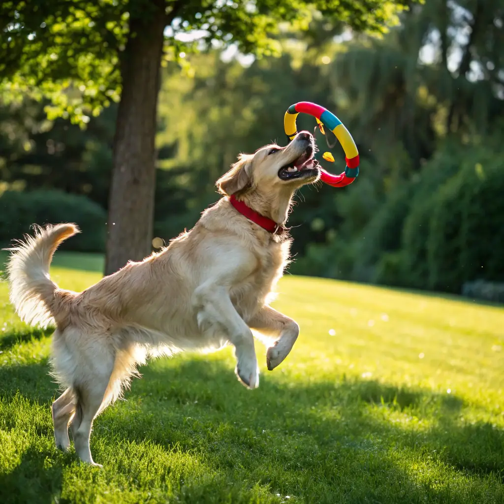 A happy dog playing with a toy made from recycled materials in a sunny park. The dog is medium-sized and has a bright, playful expression. The background shows other dogs and owners enjoying the park, emphasizing a community feel.