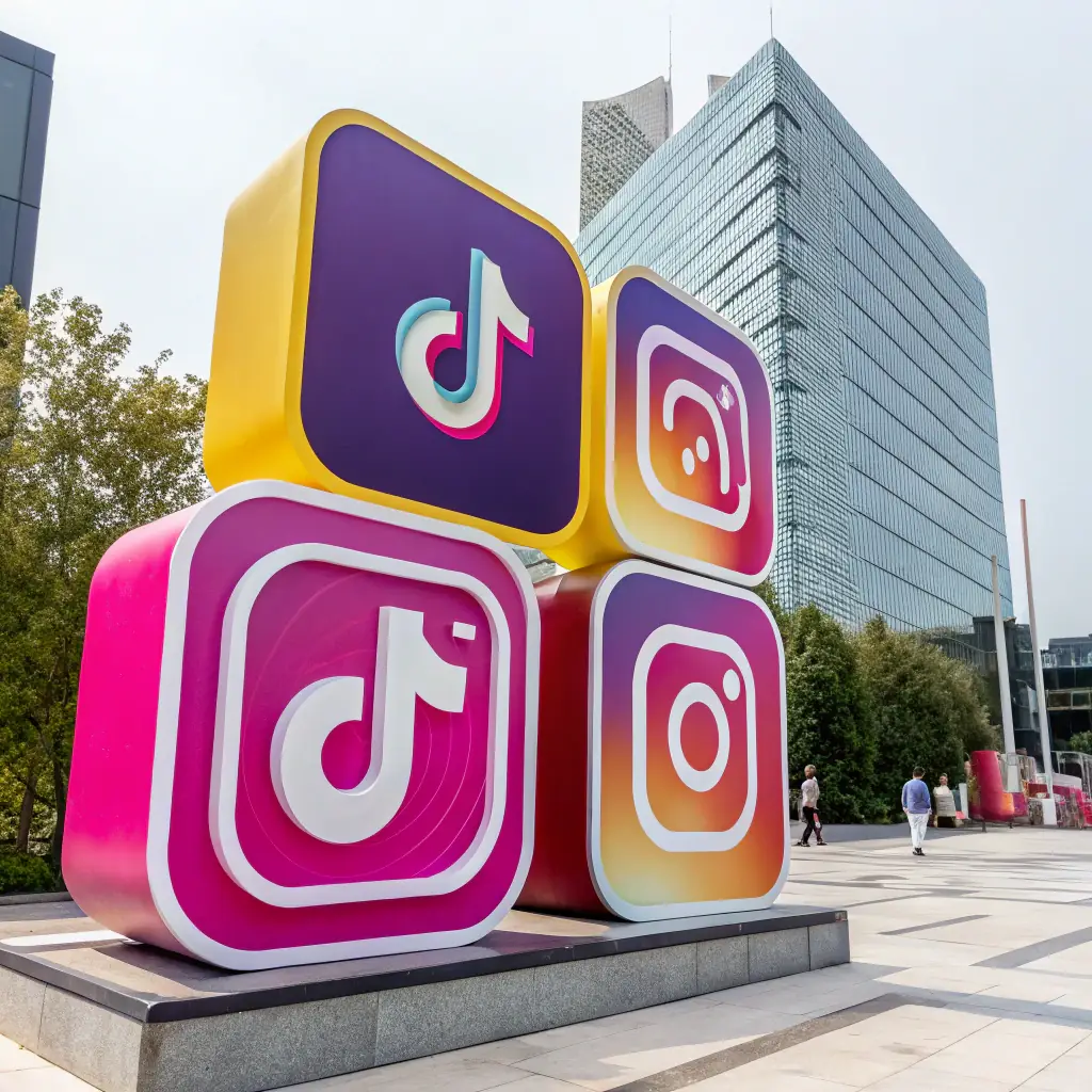 A collage of social media platform logos (Instagram, Facebook, TikTok, YouTube) arranged to visually represent a unified marketing strategy.