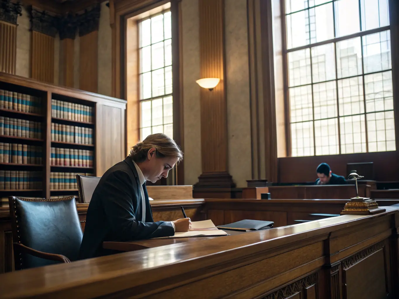 A bankruptcy petition preparer working on legal documents, with a focus on bankruptcy forms. The setting is a bright and professional office environment.