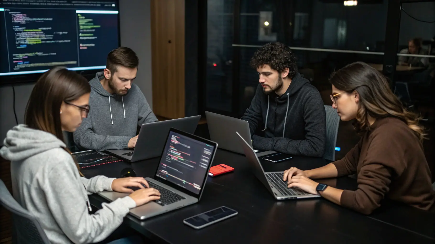 A team of developers collaborating on a complex AI algorithm, showcasing their expertise and innovation.