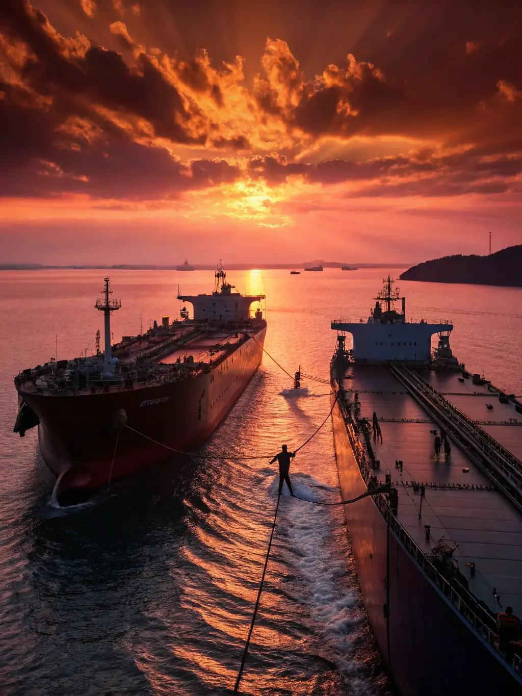 A dramatic aerial view of an oil tanker at sea during sunset, with the orange sky reflecting on the water and the ship, representing the scale and importance of crude oil trading.