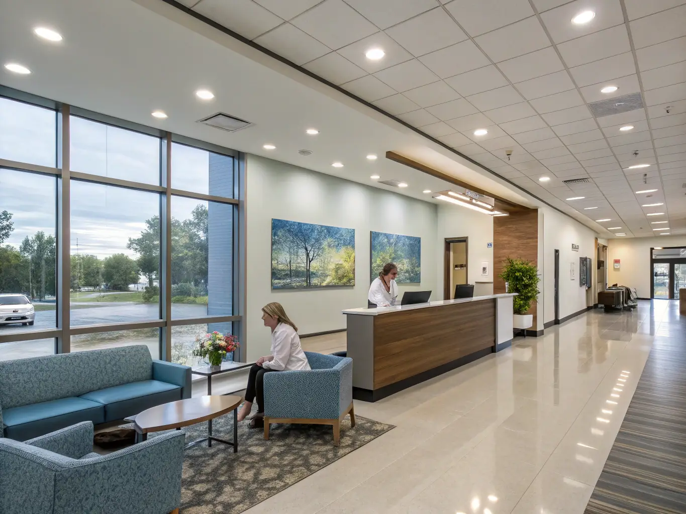 A welcoming hospital reception area with staff assisting international patients, emphasizing hospitality and support.