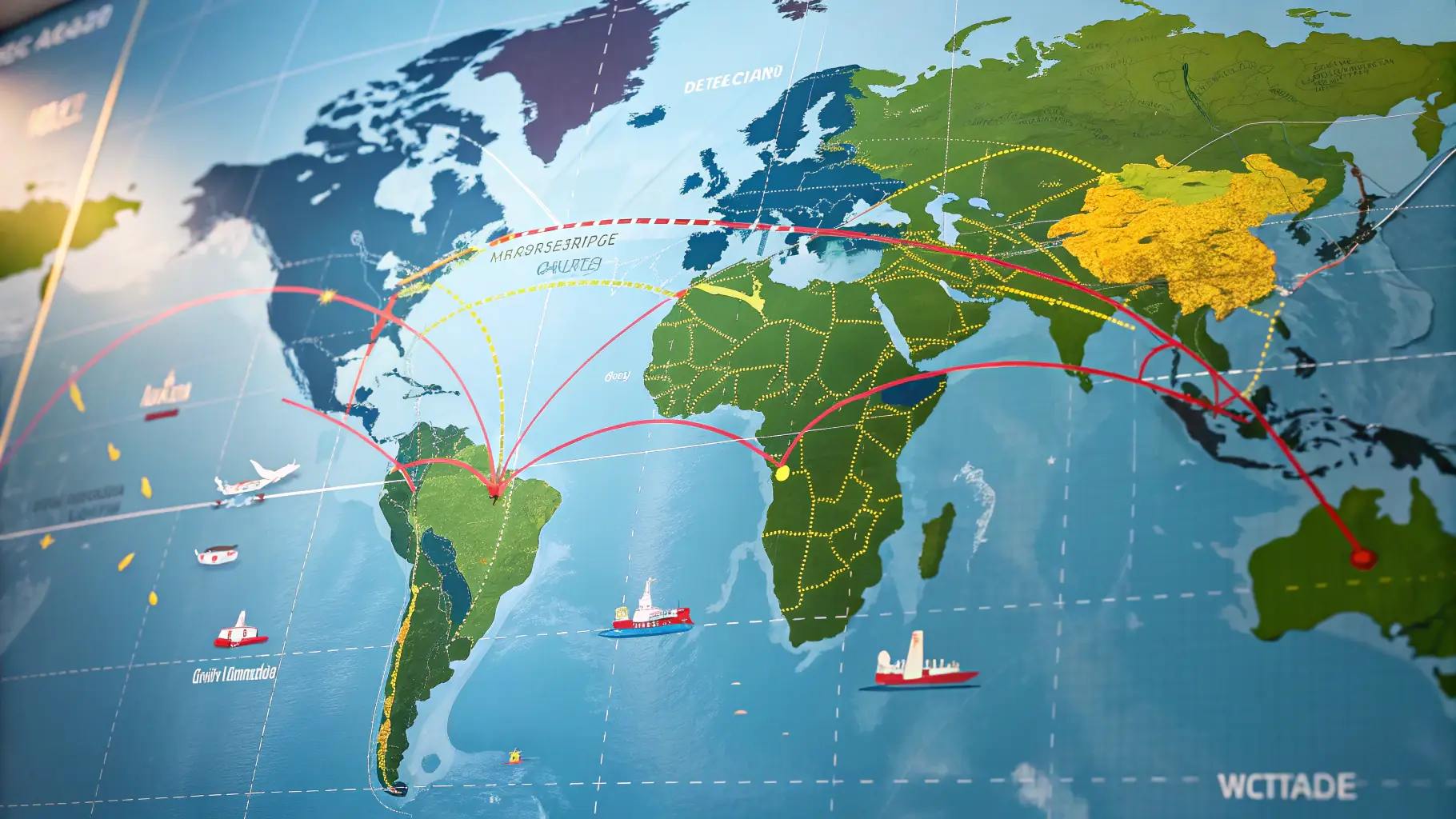 A world map showing continents, countries, and oceans, with highlighted travel destinations and routes.