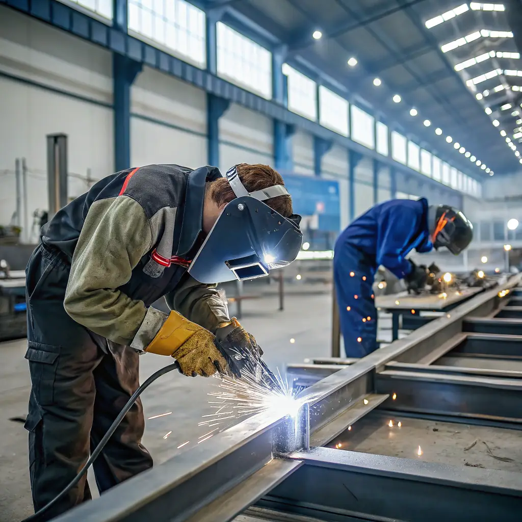 A professional team of welders working on large-scale steel structures in a modern industrial setting, showcasing precision and teamwork, emphasizing the company's expertise and commitment to quality.